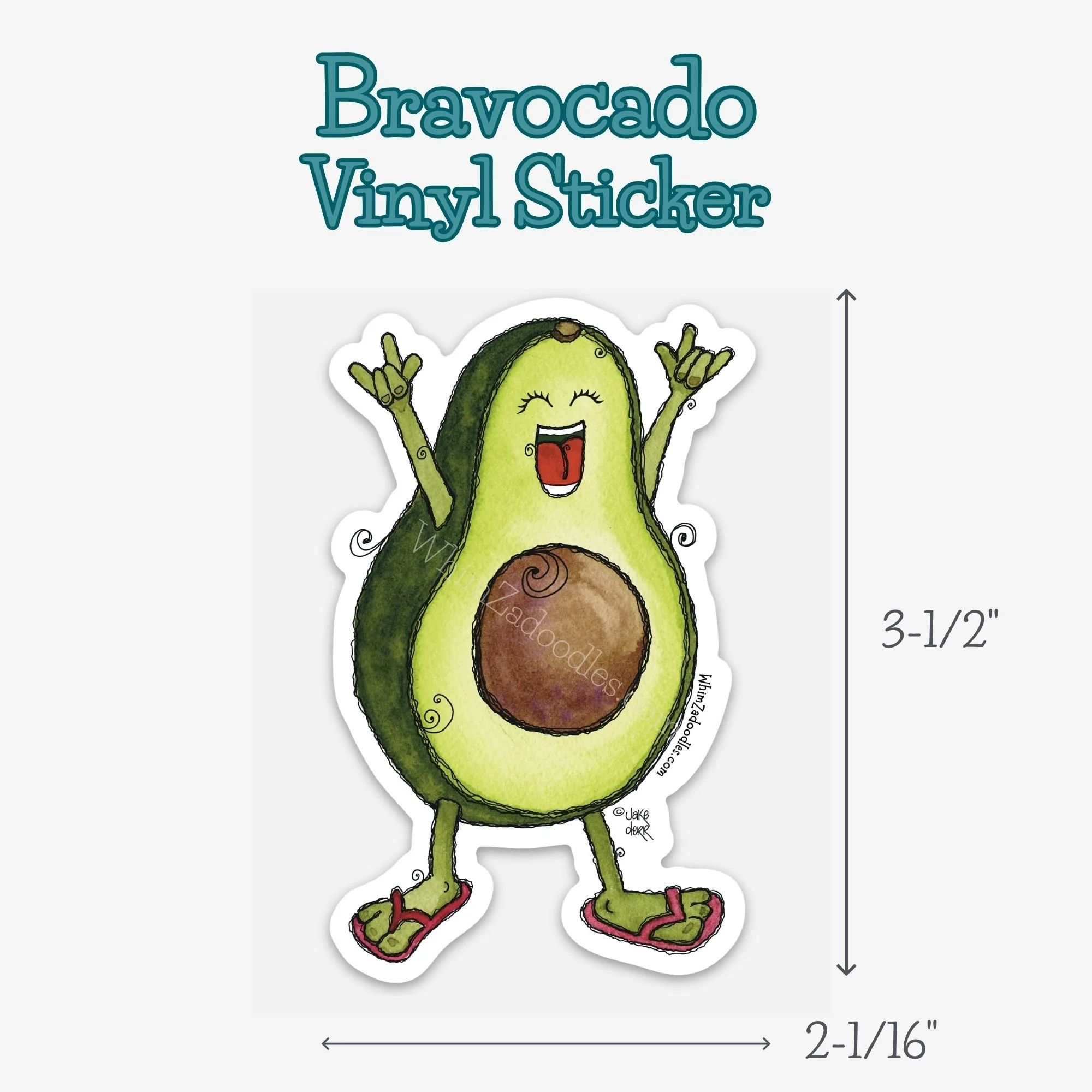 Single avocado vinyl sticker shown with size reference, featuring “I love you” hand sign design