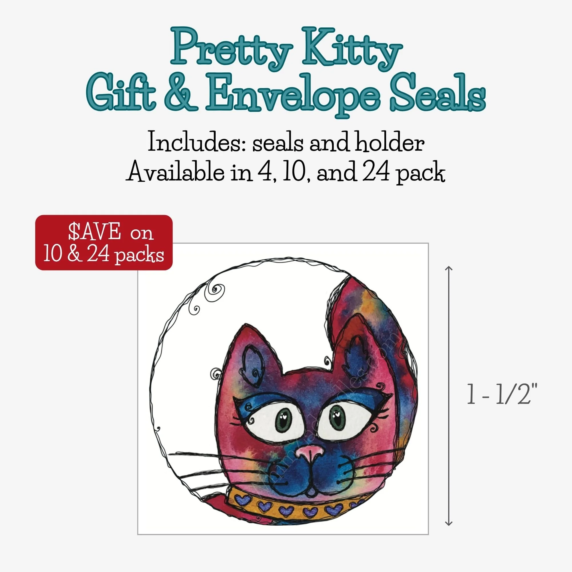 Round envelope and gift seals featuring Pretty Kitty watercolor cat artwork for happy mail, gifts, and special occasions.