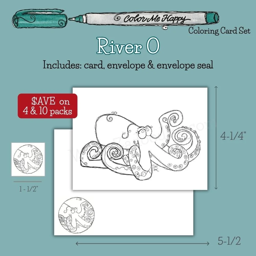 Color Me Happy River O octopus coloring card set featuring black-and-white line art ready for coloring, personalization, and creative gifting.