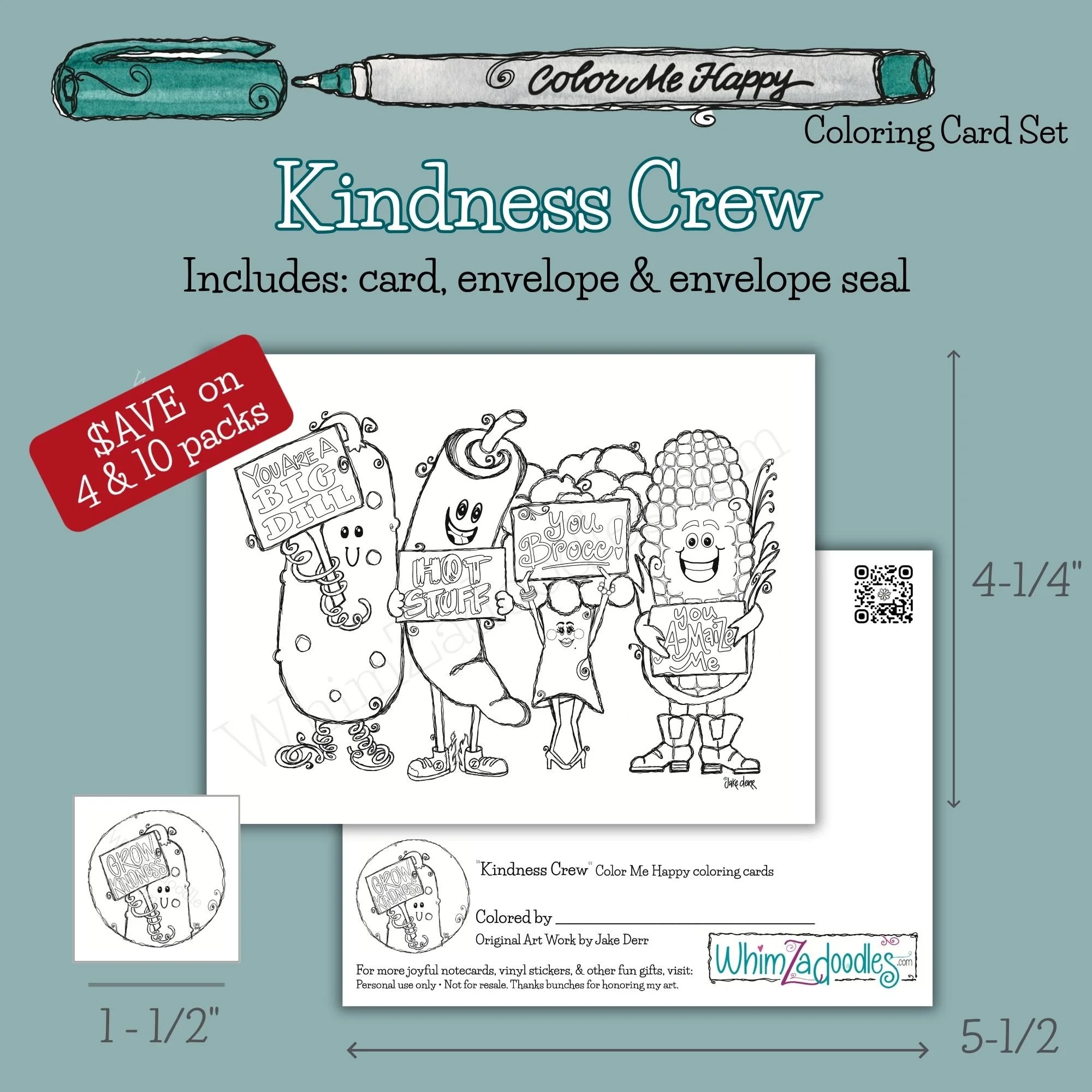 Kindness Crew Color Me Happy coloring card set featuring cheerful vegetable friends with a matching colorable envelope and seal.