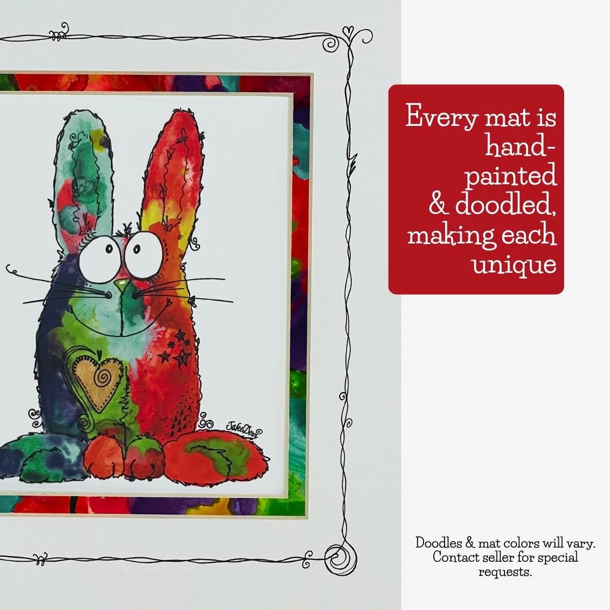 Fuzzy Bunny watercolor art shown as a print, custom matted, matted and framed, with a close-up of the colorful hand-painted and hand-doodled mat.