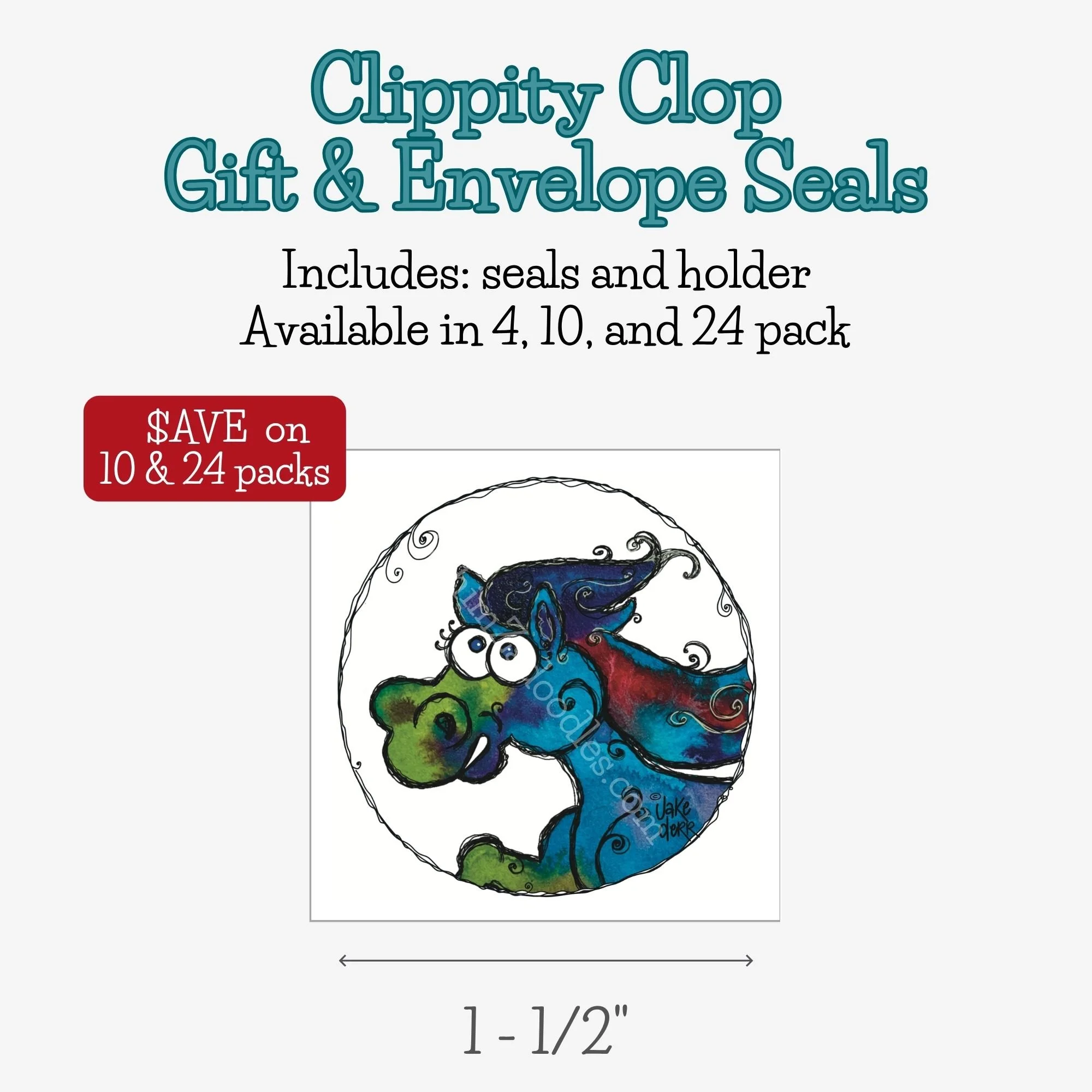 Round horse-themed envelope and gift seals featuring the colorful Clippity Clop watercolor design for cards, gifts, and happy mail.