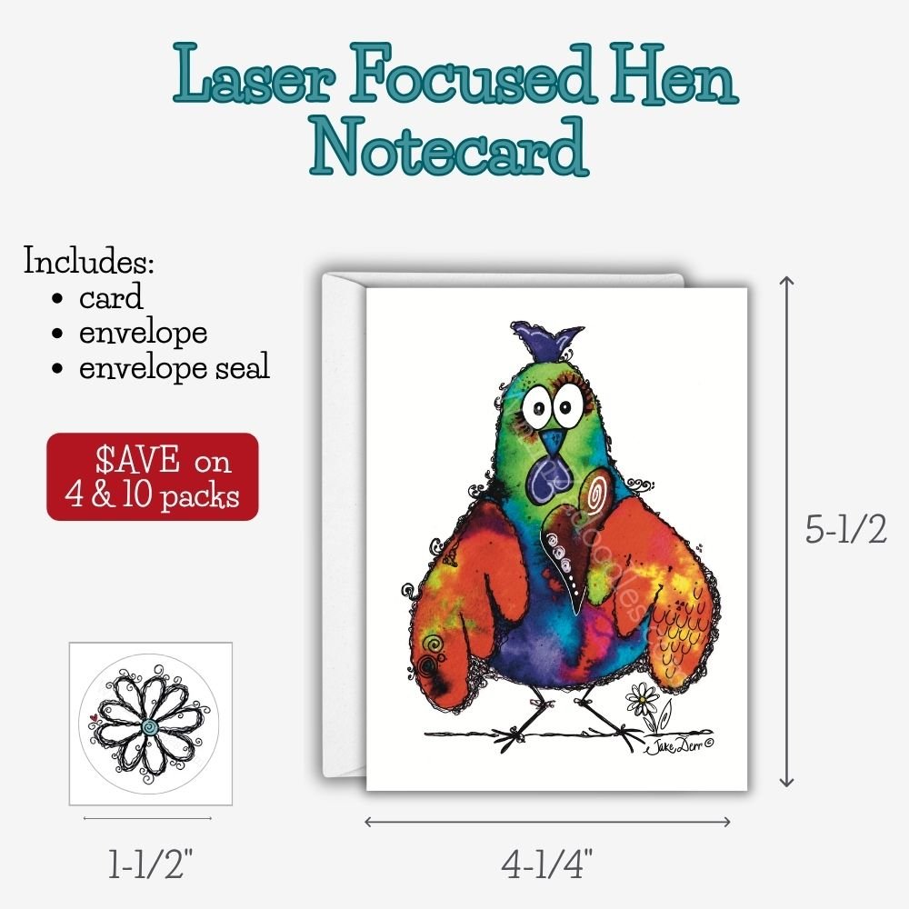 Blank watercolor greeting card featuring Laser Focused Hen, a whimsical chicken with determined eyes that inspire encouragement, confidence, and big dreams.