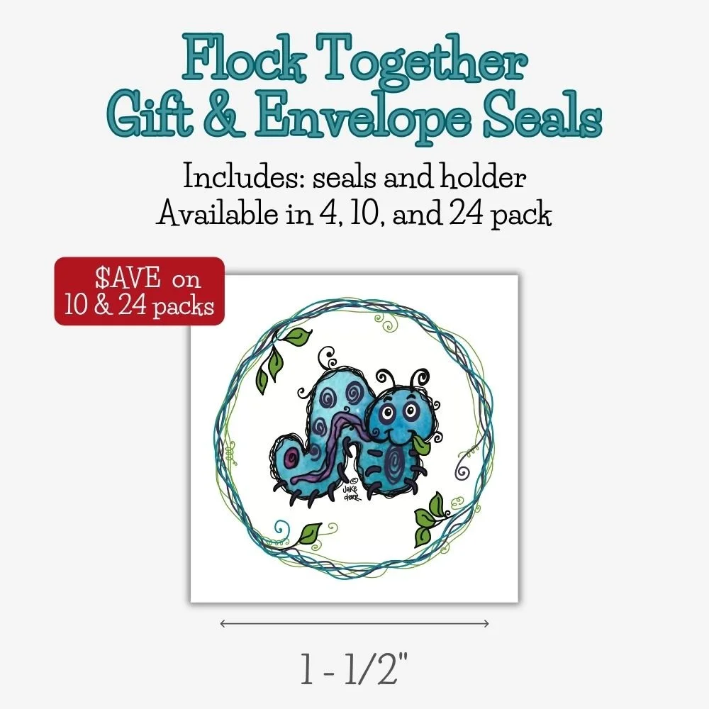 Round watercolor bird envelope and gift seals featuring whimsical flock artwork for decorating happy mail, gifts, party favors, and thank you notes.