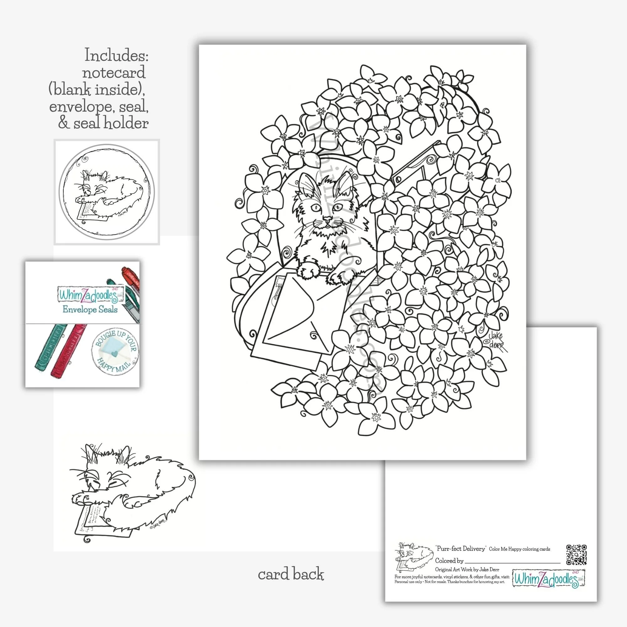 coordinated kitten themed card, envelope, seal, and accessories displayed together in soft neutral layout