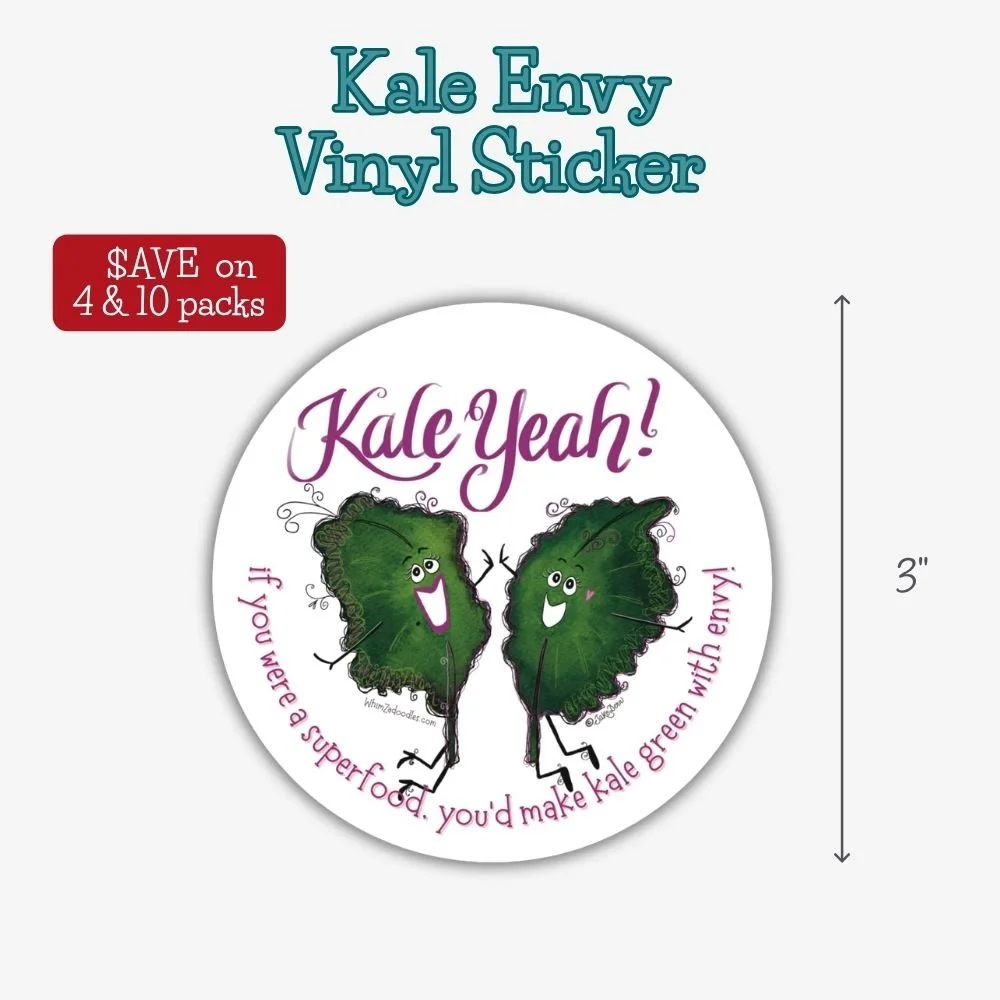Vinyl sticker featuring the quote "If you were a superfood, you'd make kale green with envy" with whimsical watercolor kale artwork.