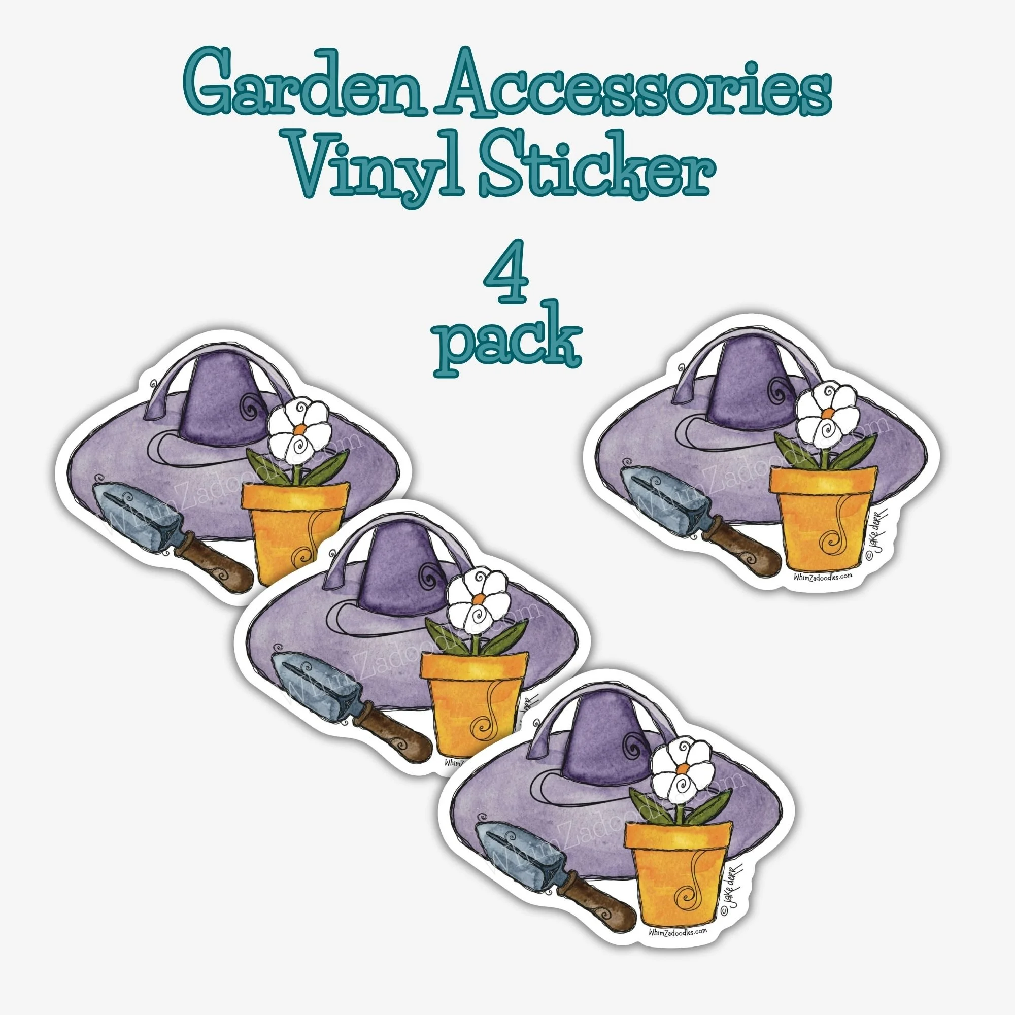 Set of four stickers showing coordinated garden items including hat, trowel, and potted daisy in whimsical style
