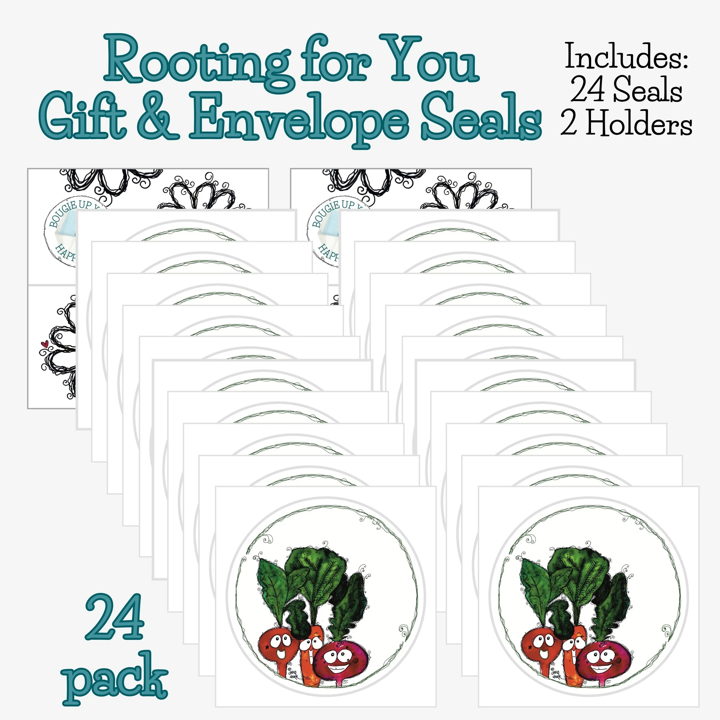 Set of 24 Rooting for You envelope seals with two holders. Great for stocking up on thoughtful mail supplies and sending kindness often.