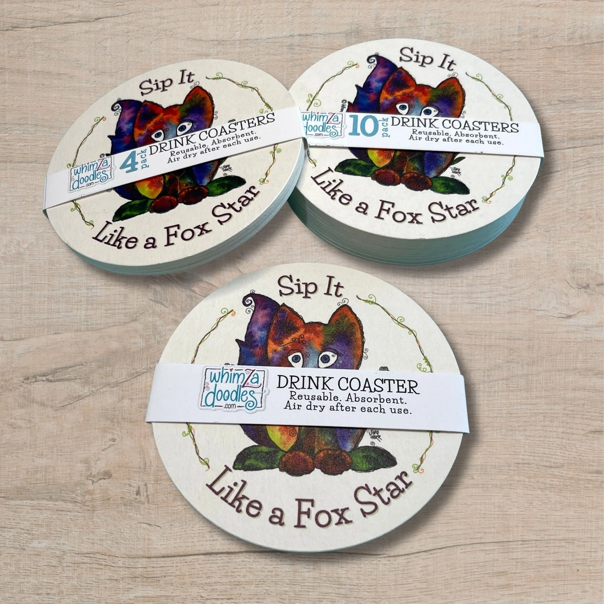 Fox-themed drink coasters displayed with labeled pack options including single, four pack, and ten pack bundles