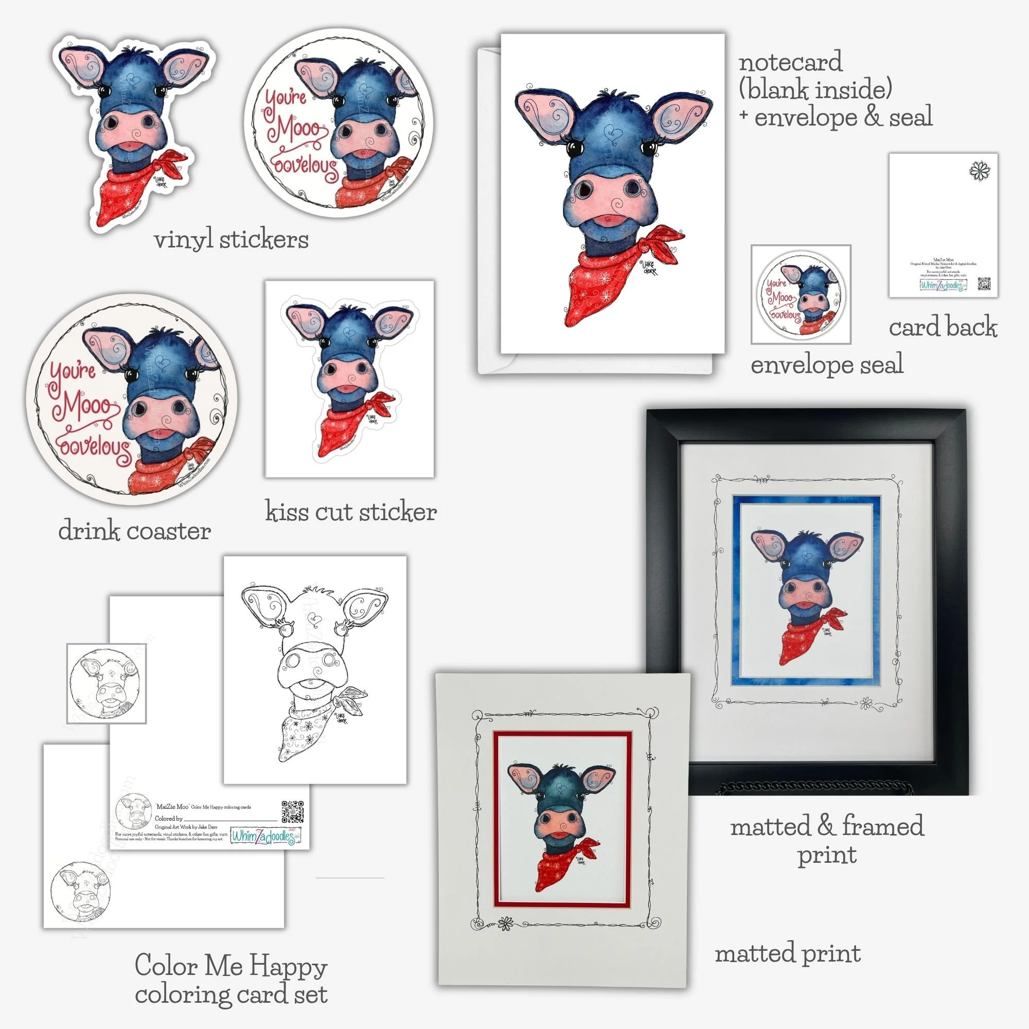 MaiZie Moo watercolor calf collection with framed print, notecards, stickers, coasters, coloring cards & envelope seals featuring whimsical farm artwork.