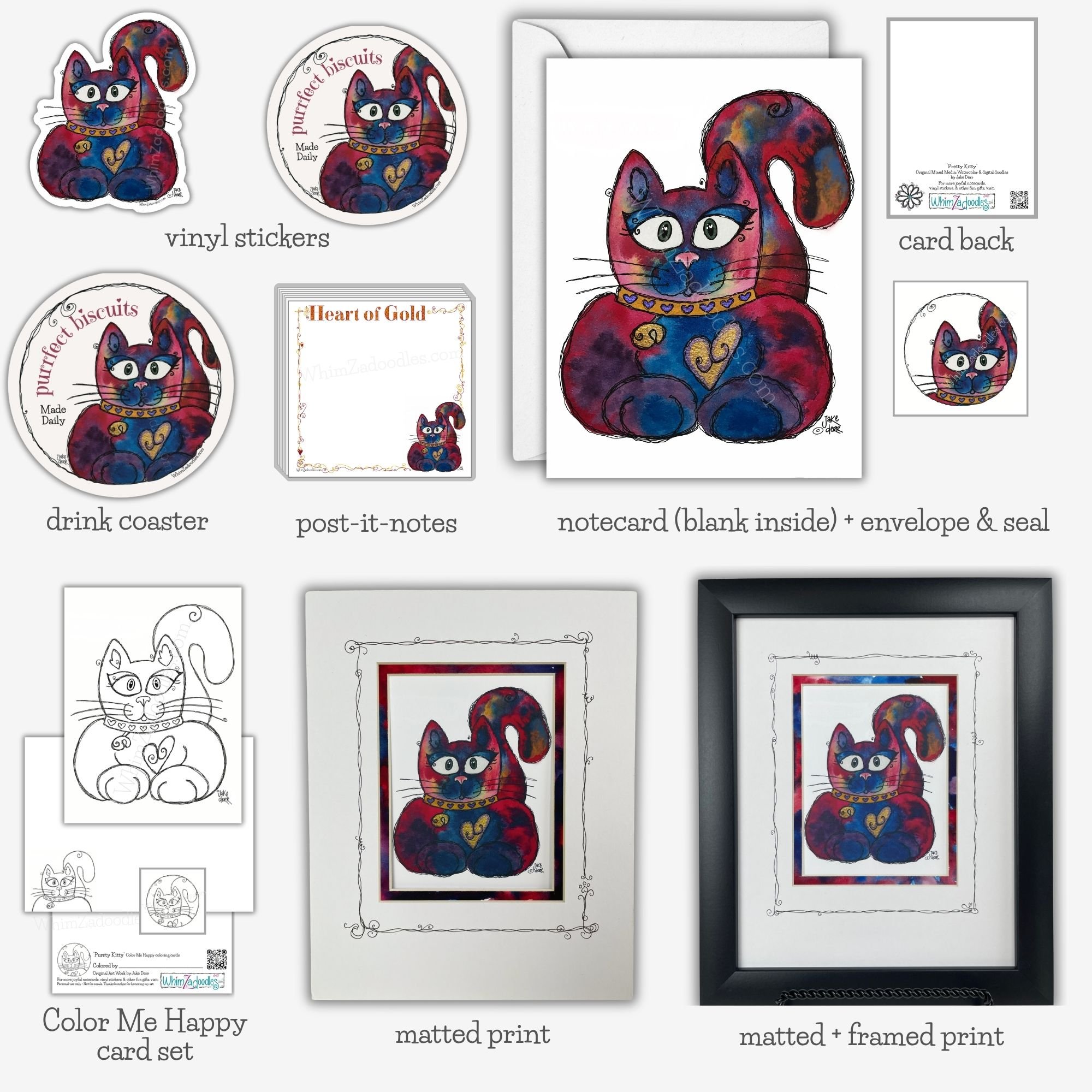 Pretty Kitty watercolor cat art collection featuring the blue and red heart-of-gold kitty on WhimZadoodles cards, stickers, gifts and Color Me Happy products.