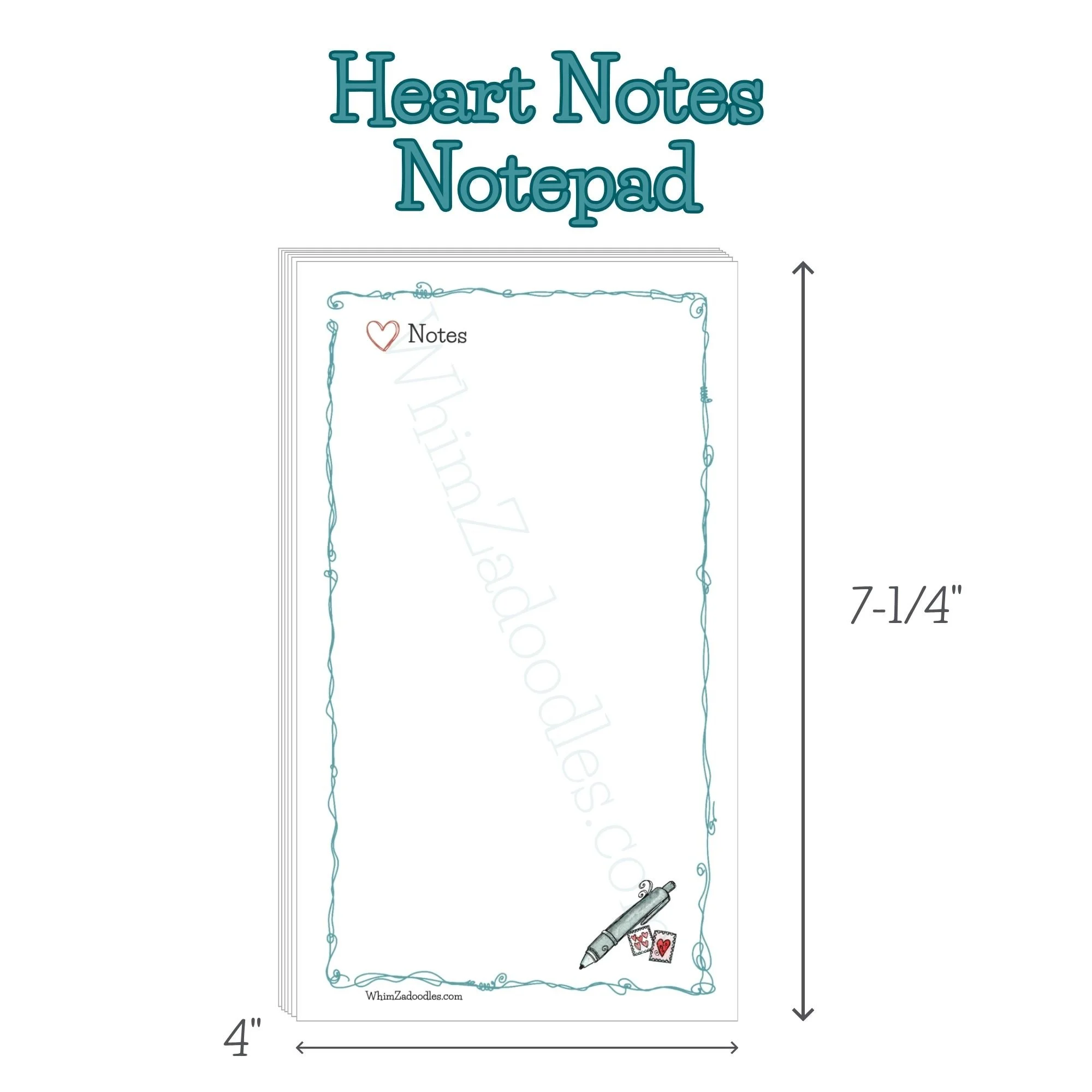 Vertical notepad showing full page design with teal doodle edging surrounding a blank writing space and small illustrated corner detail