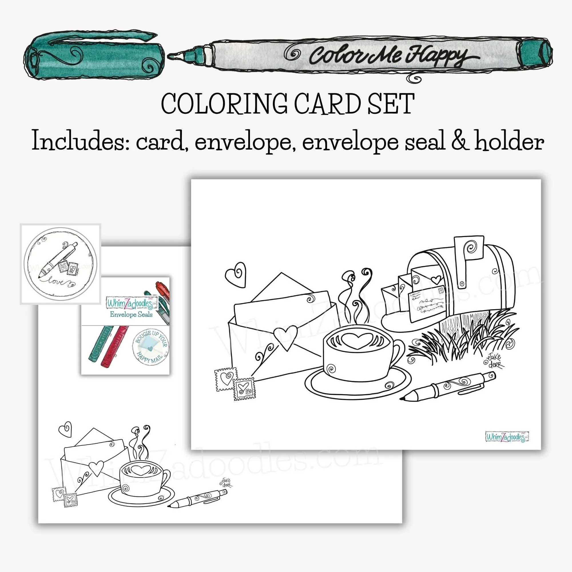 Single colorable happy mail card with envelope and coordinating seal ready for creative personalization