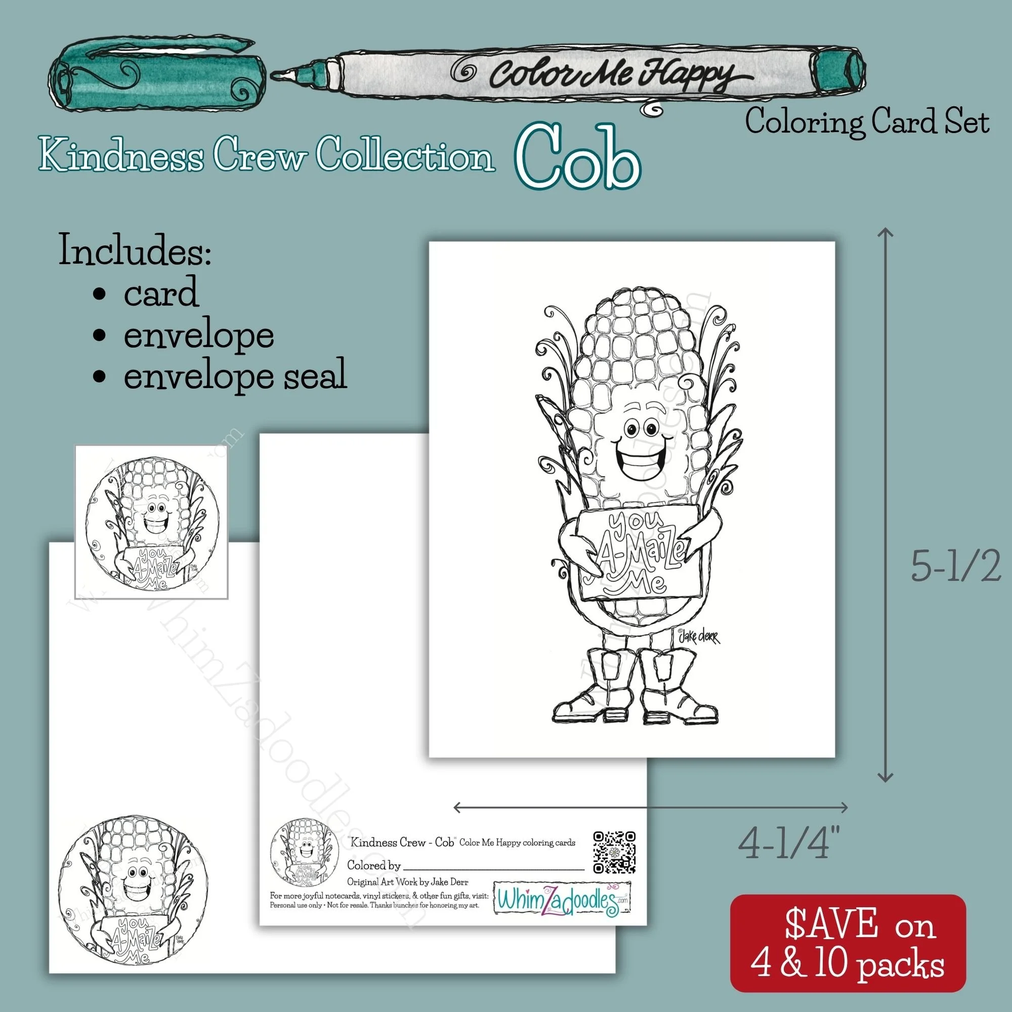 Cob the corn Color Me Happy coloring card set with matching colorable envelope and seal for creative happy mail.