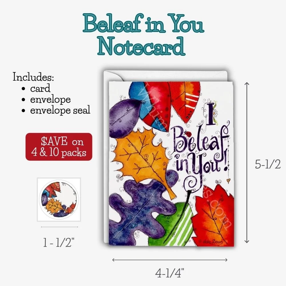 Whimsical Beleaf in Yourself watercolor greeting card featuring a cheerful houseplant and encouraging message for birthdays, friendship, encouragement, congratulations, or just because.