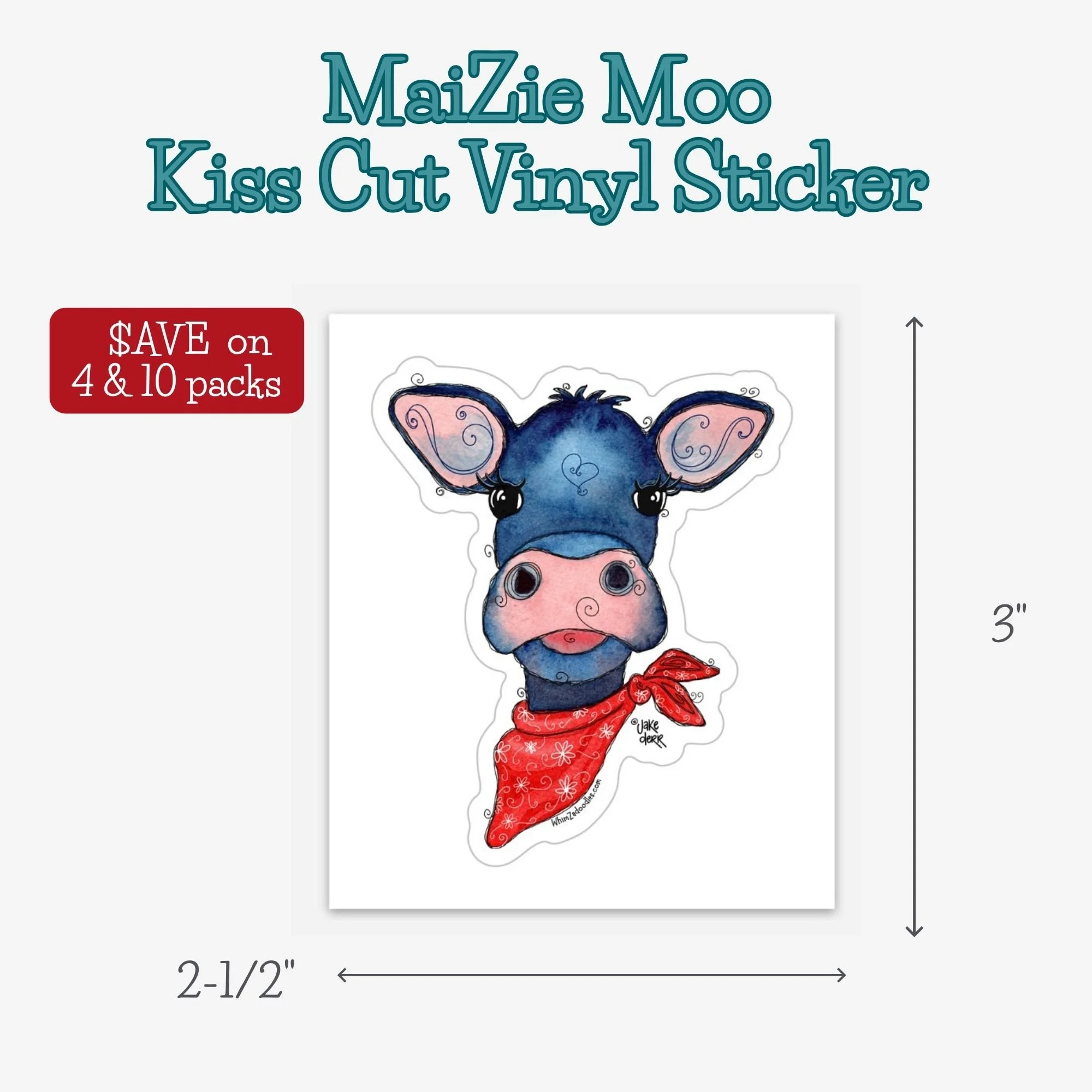 Kiss cut vinyl sticker of MaiZie Moo whimsical blue calf with easy-peel border and playful watercolor doodle details.