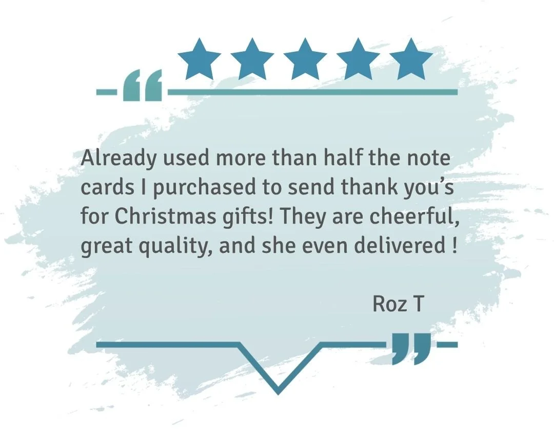 Five-star review sharing how colorful, high-quality note cards were used to send thank you messages and appreciated for their cheerful feel