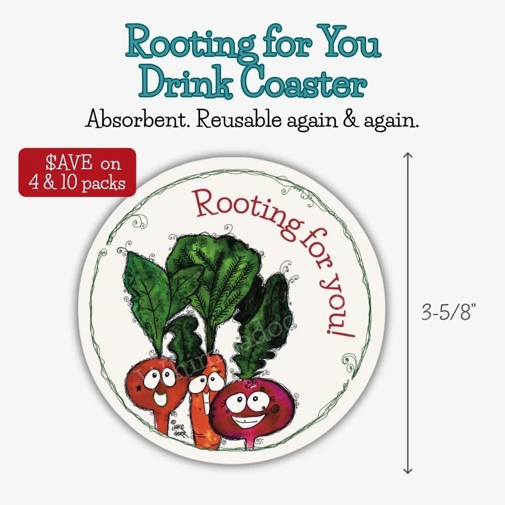 Absorbent drink coaster featuring cheerful watercolor vegetables and the message "Rooting for You," bringing a daily reminder of encouragement, kindness, and meaningful connection to every sip.