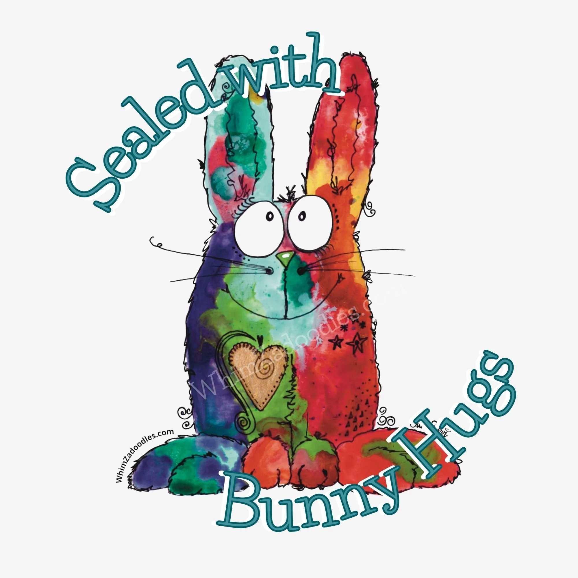 Colorful watercolor bunny with big eyes and a heart on its chest, designed as a Bunny Hugs envelope seal for mail and gifts