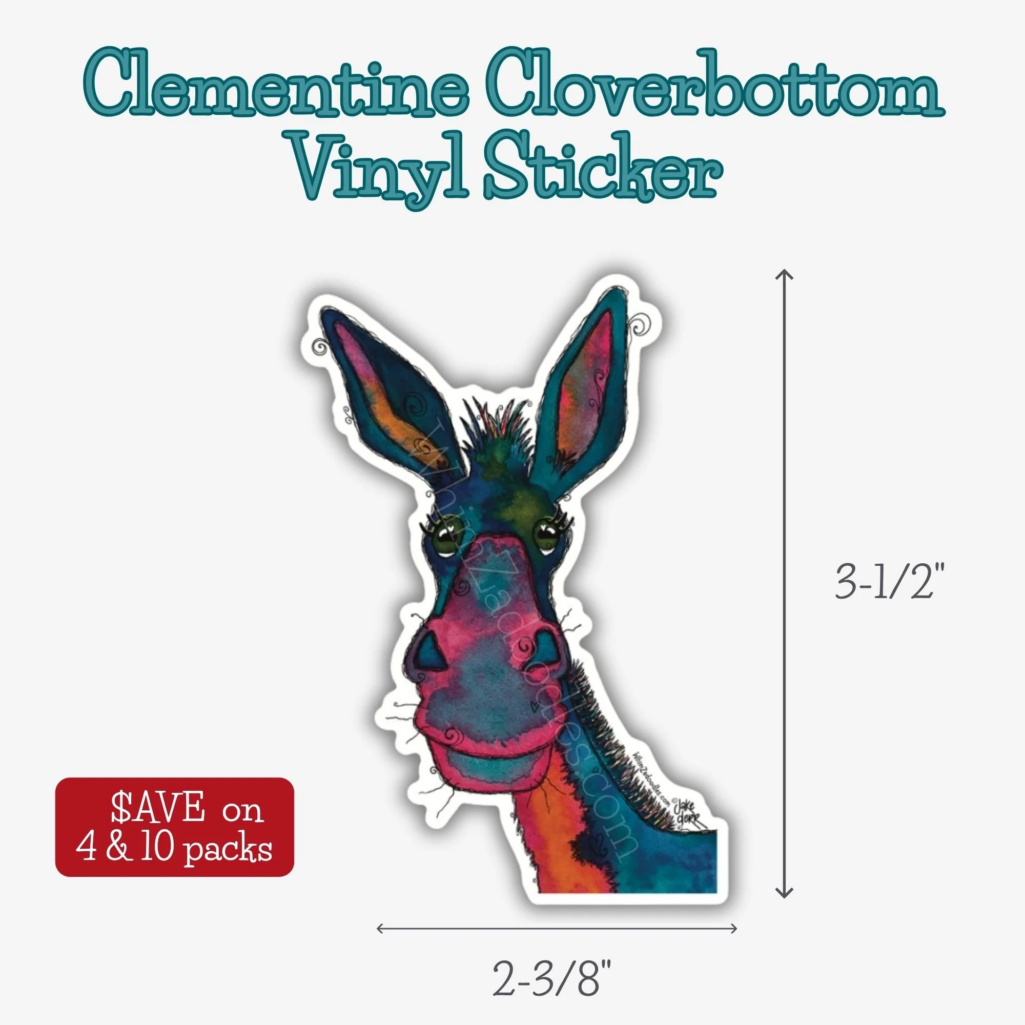 Die cut vinyl sticker featuring Clementine Cloverbottom, a colorful whimsical donkey painted in watercolor with playful doodle accents and gentle expressive eyes.