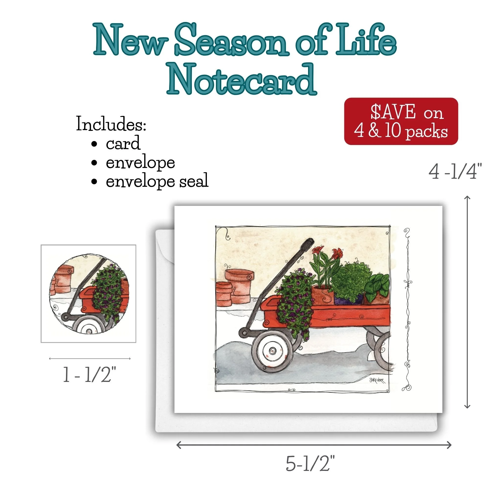 Watercolor notecard featuring a vintage red wagon filled with blooming flowers and greenery, celebrating new beginnings, personal growth, and life's changing seasons.