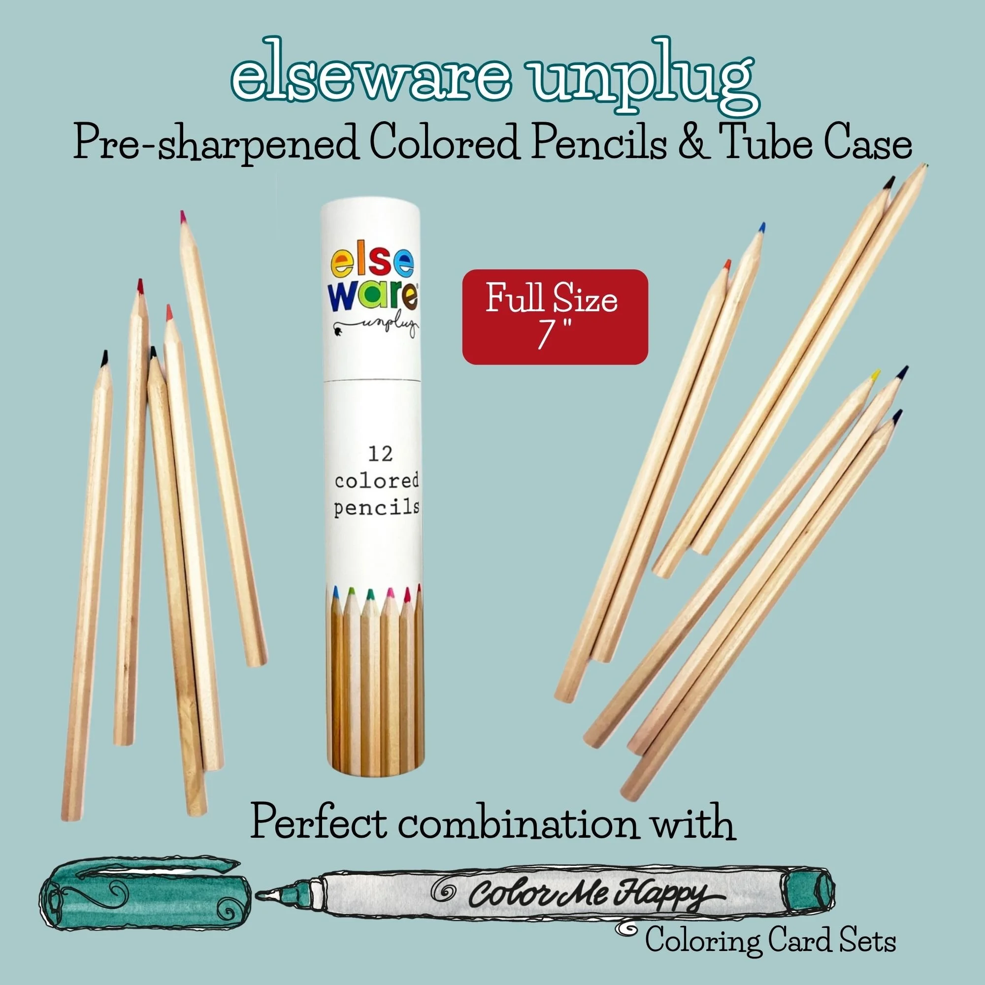 Twelve full-size colored pencils arranged outside their reusable cardboard tube for artists and coloring enthusiasts.