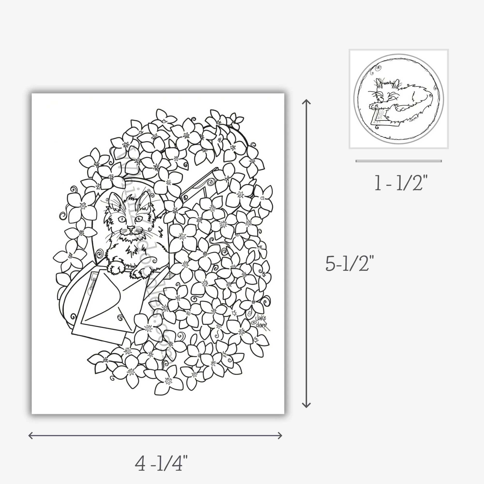 layout showing card, envelope, and round seal with labeled dimensions for sizing reference