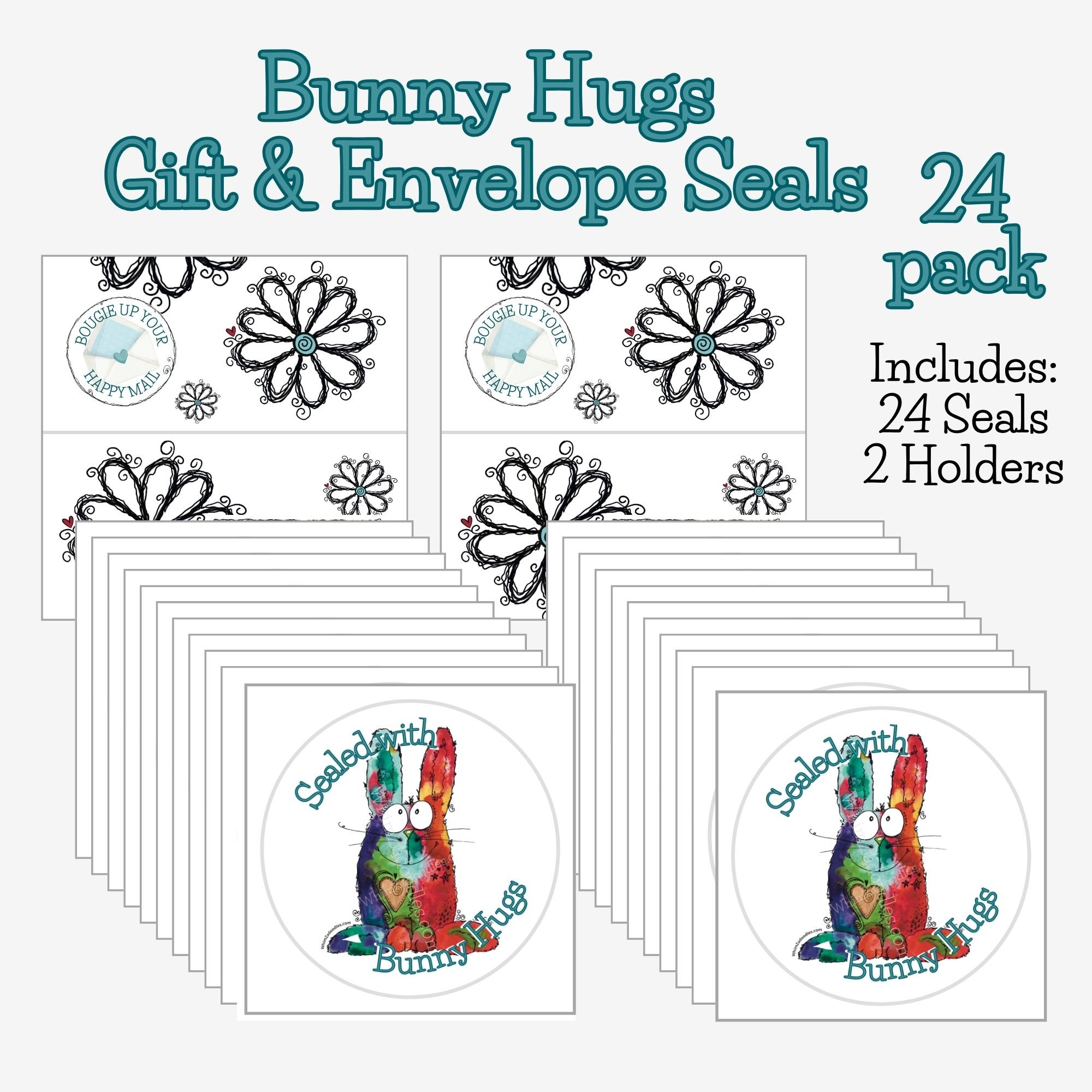 Twenty-four Bunny Hugs envelope seals arranged together, ideal for sending encouragement, gifts, and joyful mail