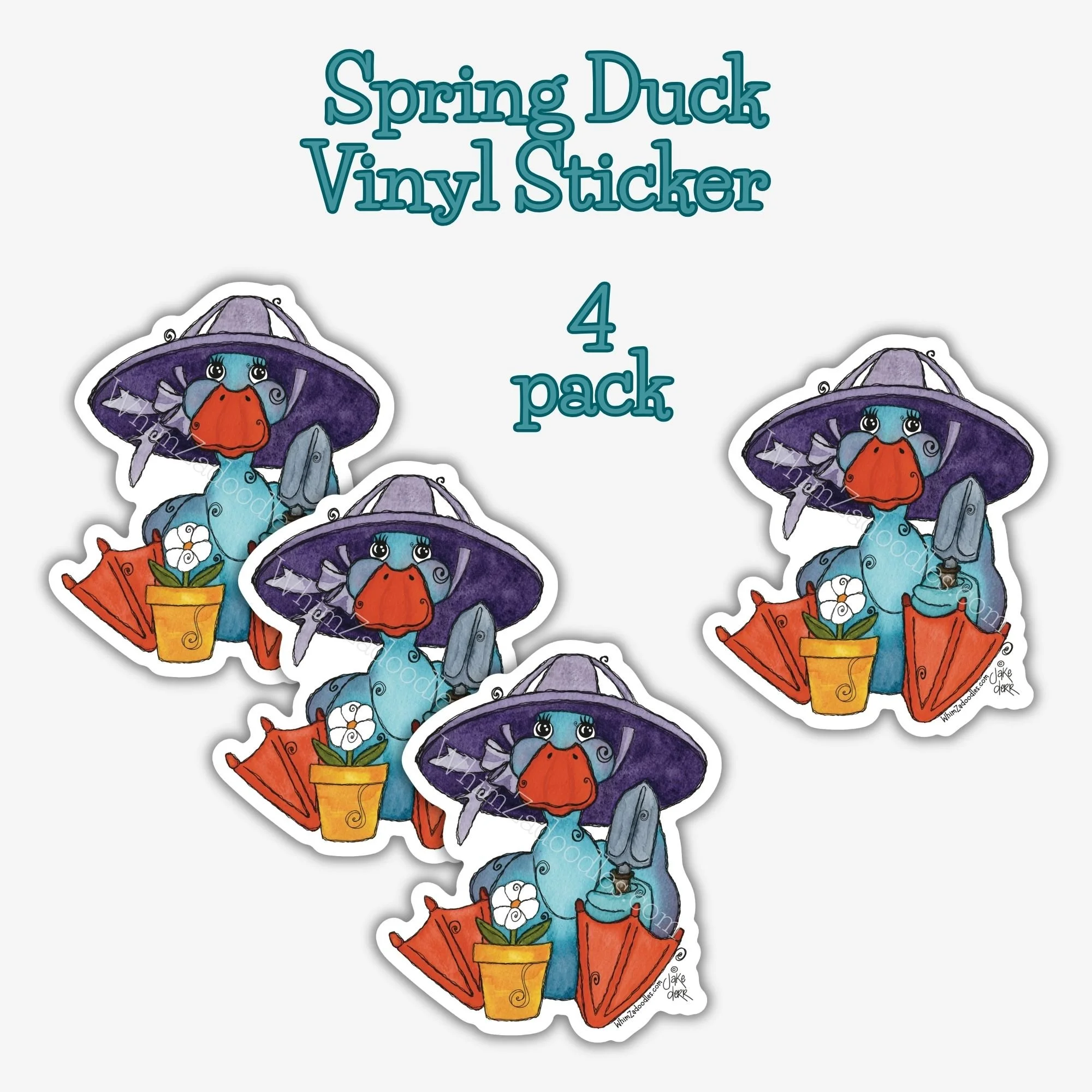 Four-pack of Spring Duck stickers featuring whimsical duck with sun hat and trowel in a playful garden style