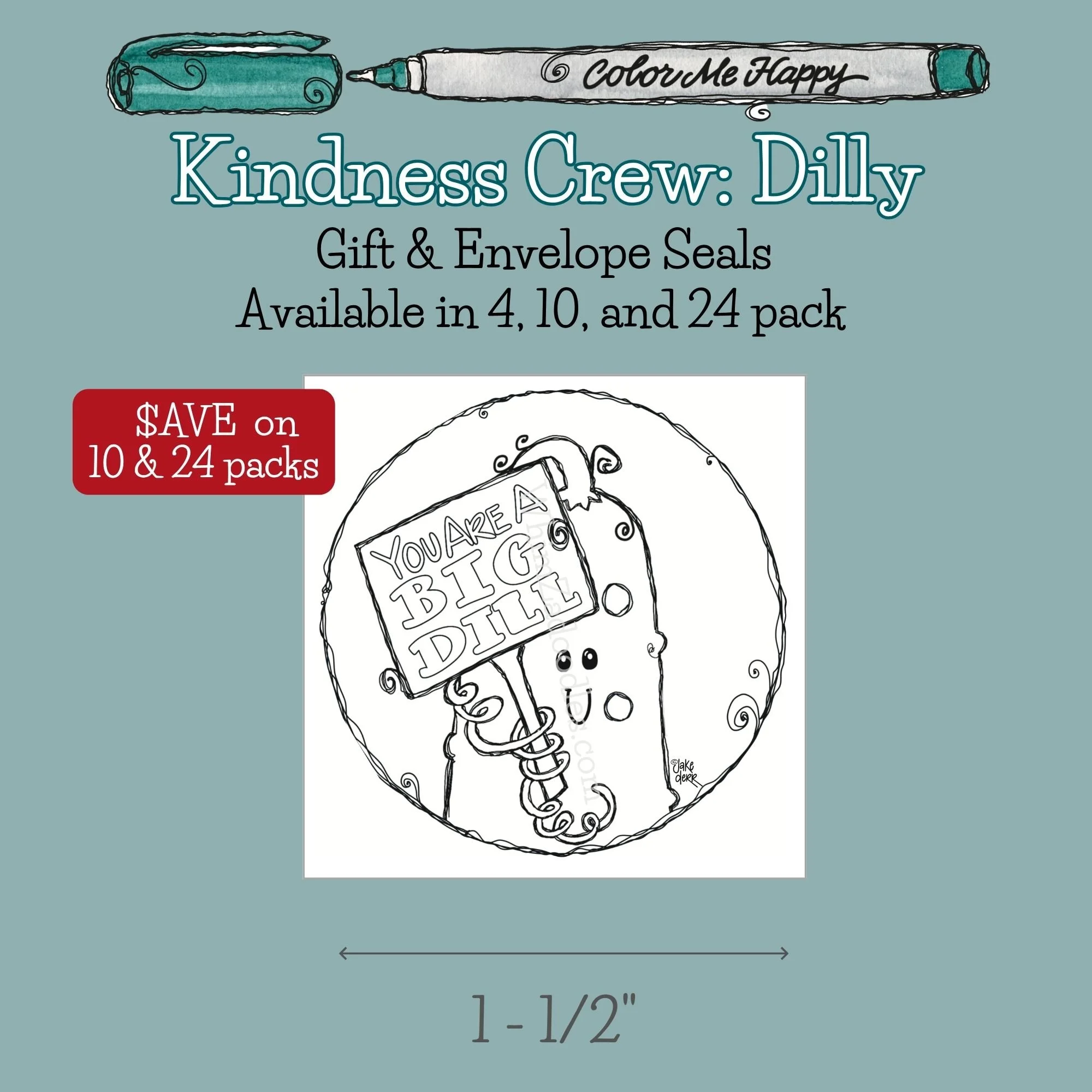 Round envelope and gift seal featuring Dilly the cucumber from the Kindness Crew holding a Grow Kindness sign.