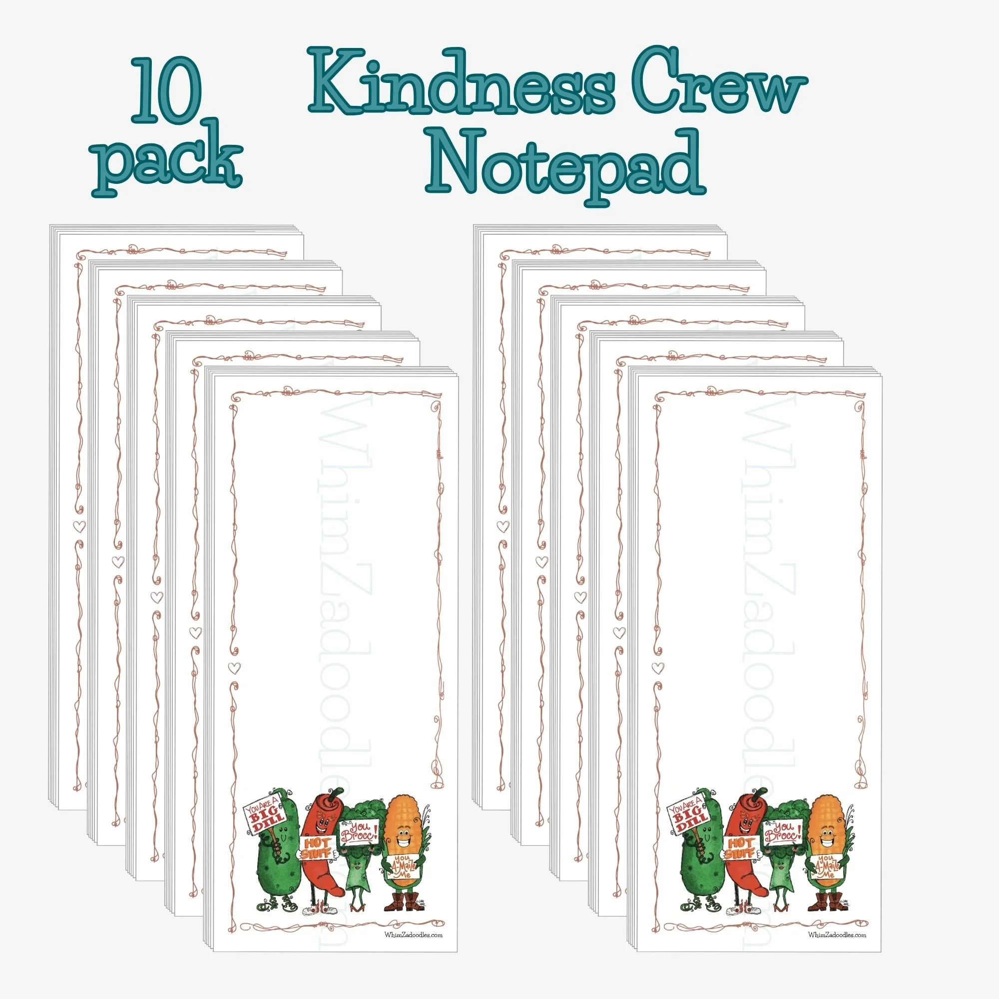Ten pack of kindness crew notepads arranged in a neat stack highlighting quantity and consistent playful artwork