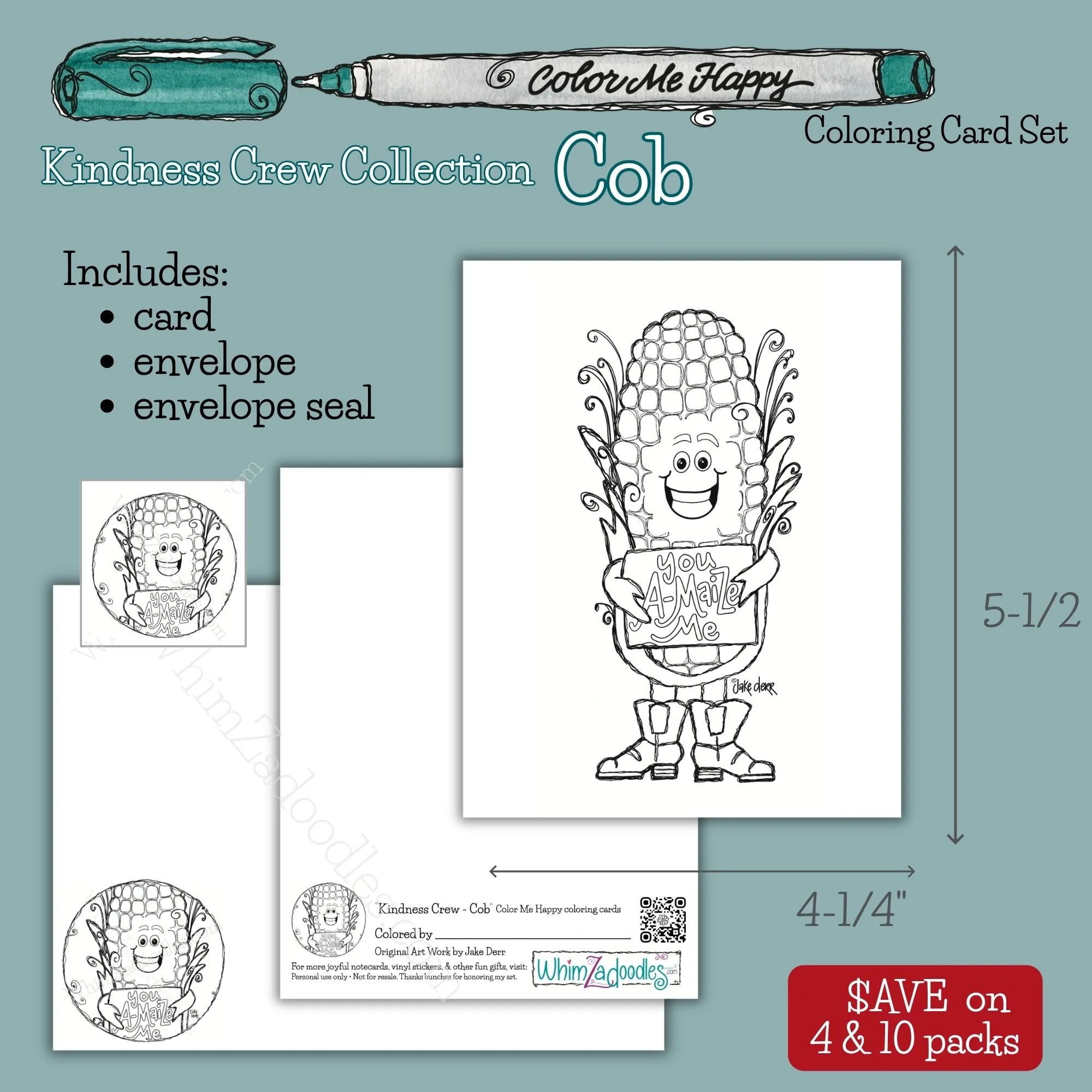 Color Me Happy coloring card set featuring Cob the corn character with matching colorable envelope and seal.