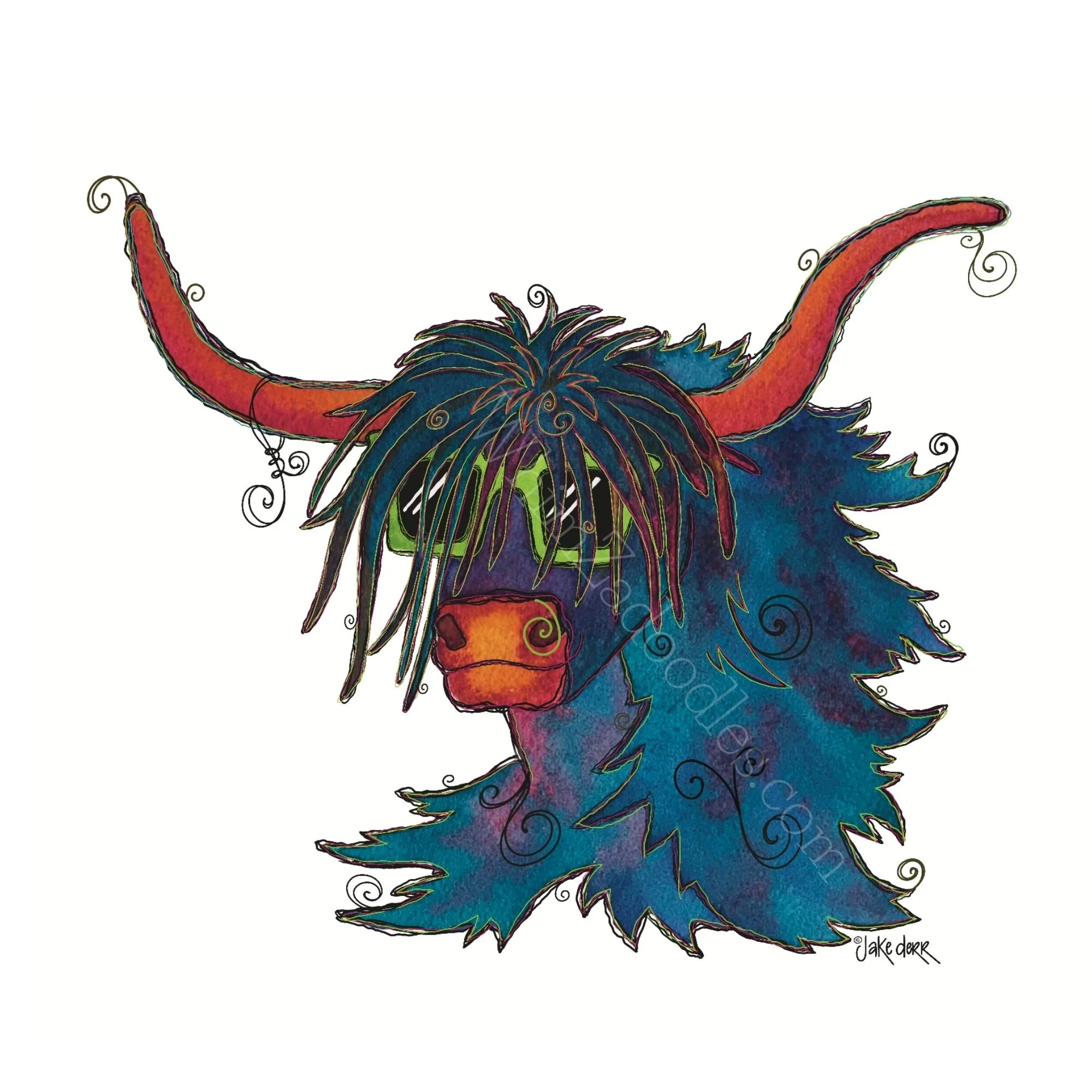 Colorful whimsical Highland cow watercolor with long shaggy blue and purple fur, giant orange horns, and lime green sunglasses on a white background.
