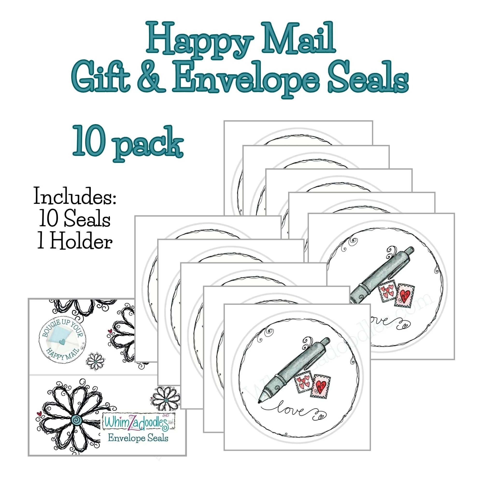 Ten pack of Happy Mail envelope seals designed for decorating envelopes, gifts, journals, and notes