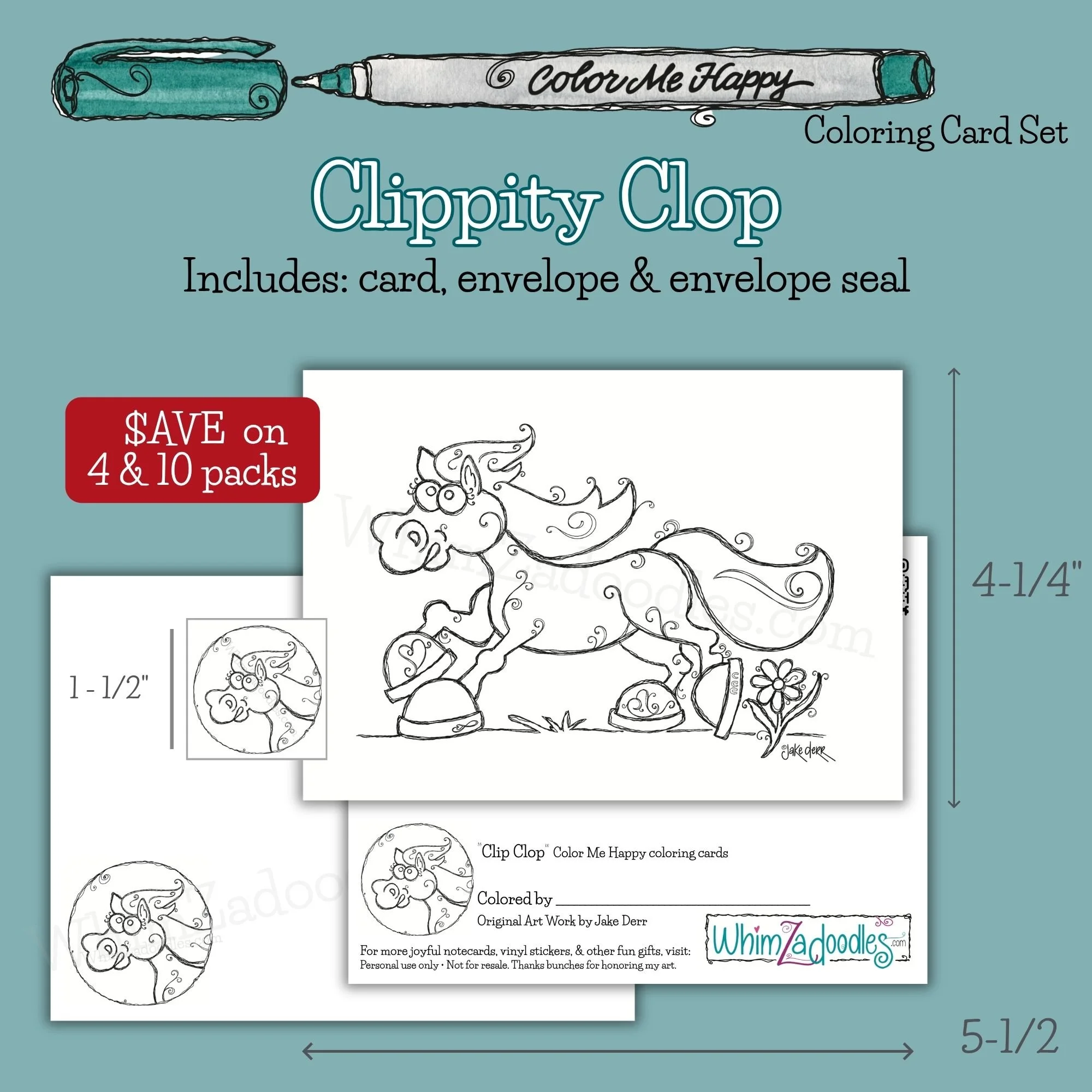Horse-themed coloring card set featuring the Clippity Clop design with matching envelope and seal for creative correspondence and stress-relieving coloring.