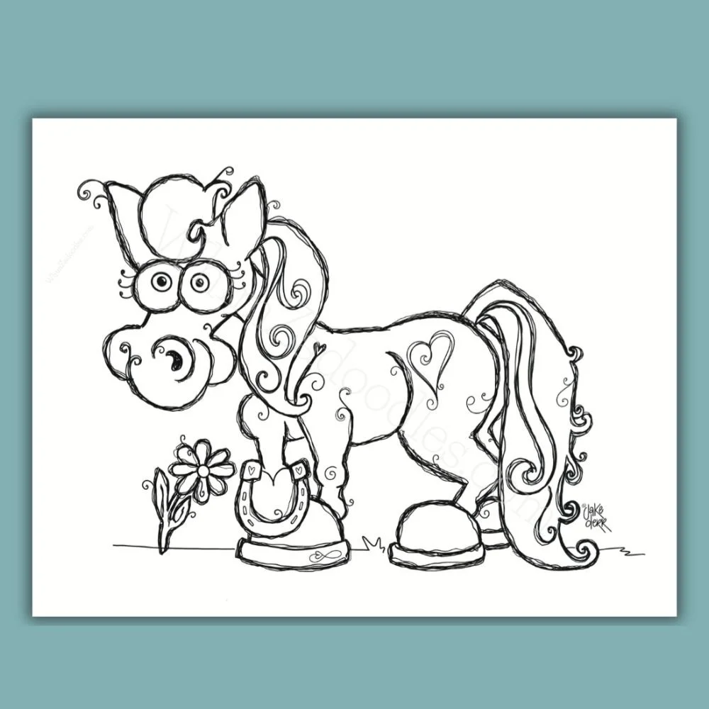 Color Me Happy card featuring Willow Flower, a whimsical horse line drawing ready to color, personalize, and share.