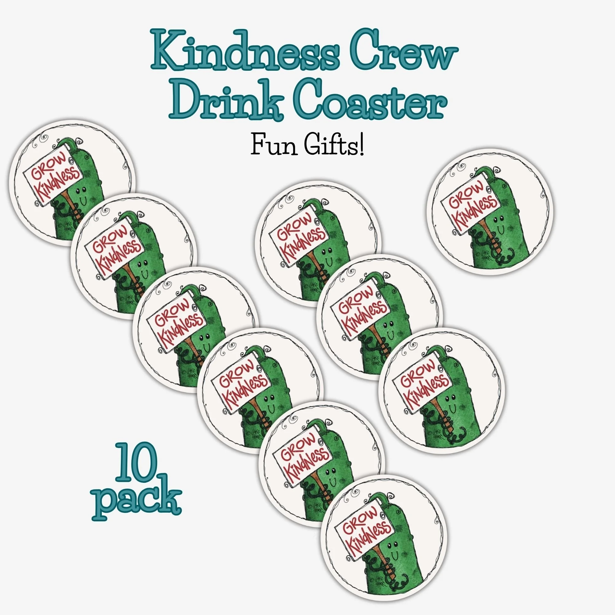 bundle of ten kindness crew cucumber drink coasters arranged in grouped stack