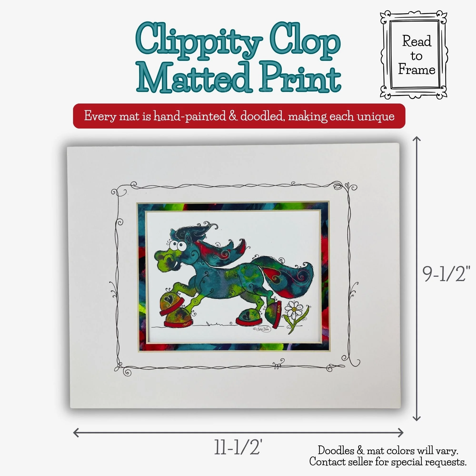 Clippity Clop colorful horse art custom matted and ready to frame, shown with dimensions and hand-painted and doodled mat details.