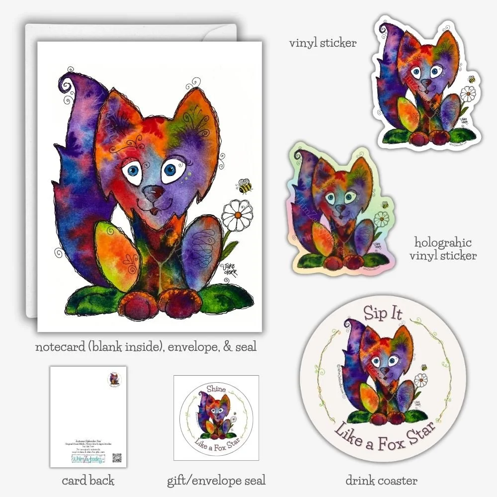 Collection featuring Autumn Splendor Fox watercolor artwork on greeting cards, vinyl stickers, drink coasters, and matching gift and envelope seals.