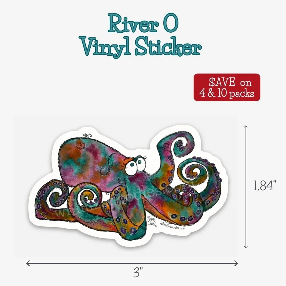 Durable waterproof vinyl sticker featuring River O the whimsical watercolor octopus with colorful doodle accents.