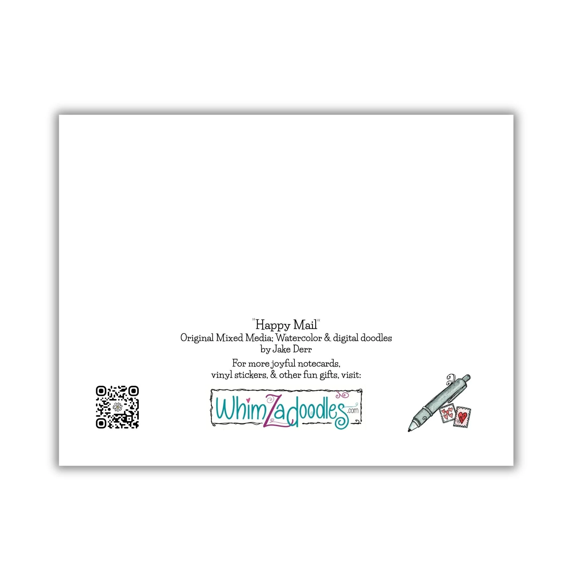 Back of greeting card displaying WhimZadoodles branding, artist information, QR code, and small decorative illustration