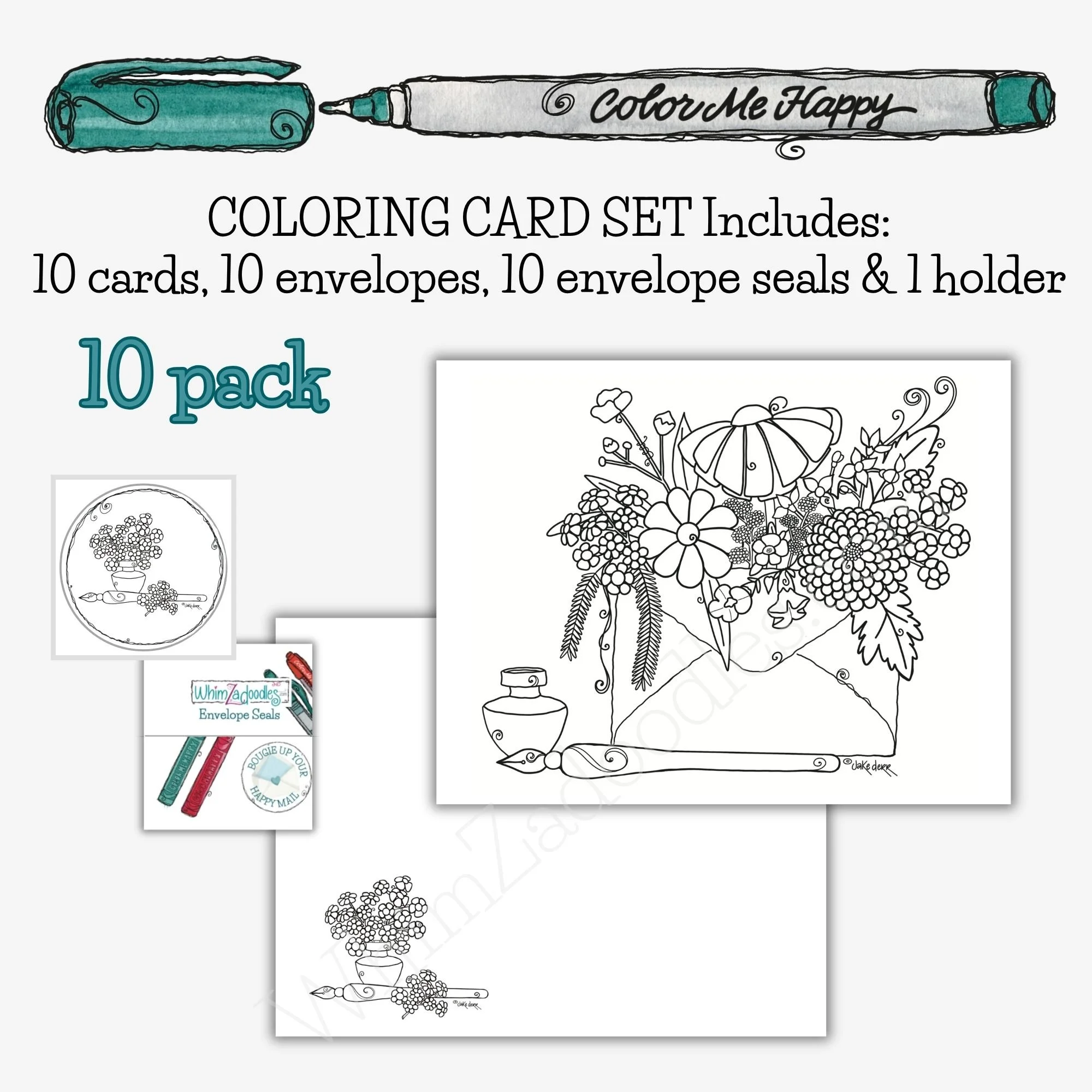 set of ten line-drawn romantic floral arrangements in envelope with calligraphy pen