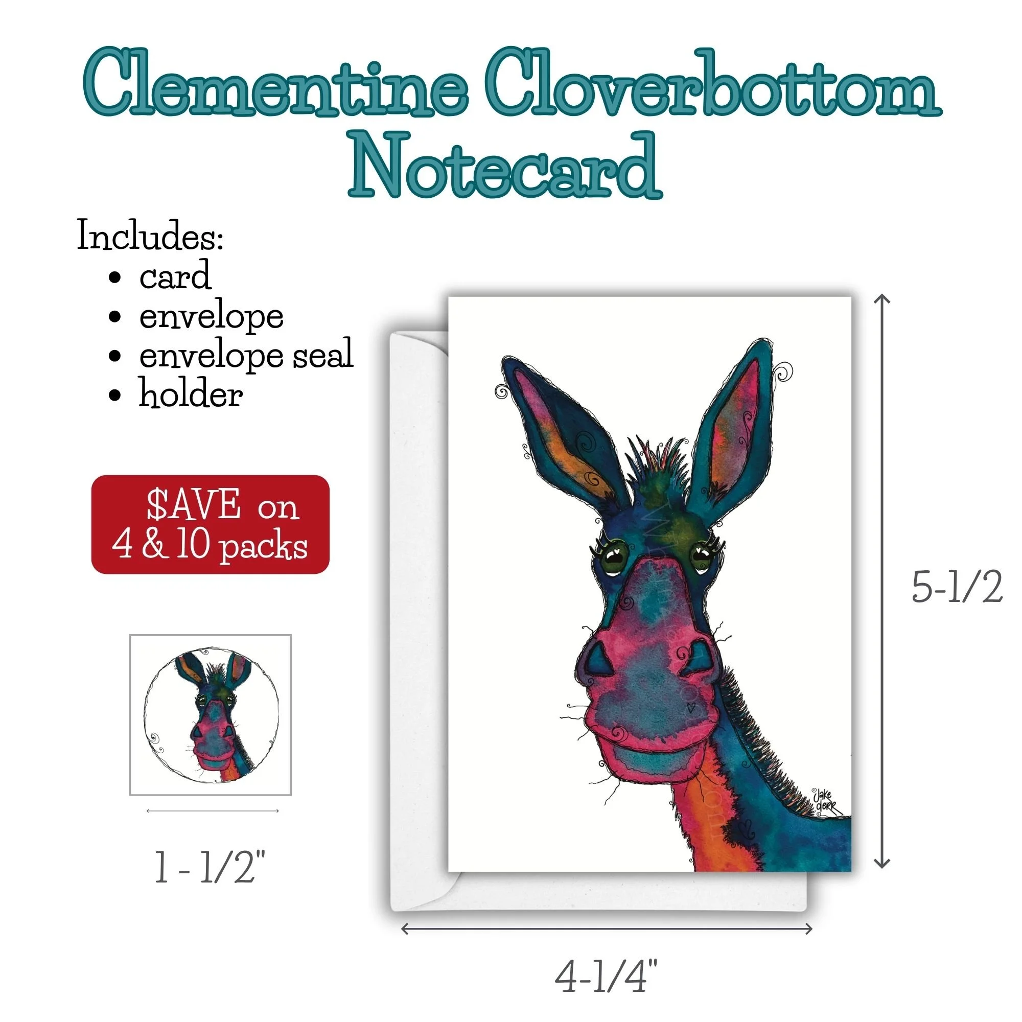 Whimsical donkey notecard featuring Clementine Cloverbottom watercolor artwork with colorful doodles, expressive kind eyes, and playful artistic details.