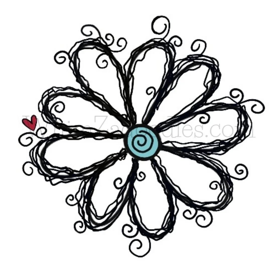 Whimsical line-drawn daisy with curly doodle petals and teal center, a signature WhimZadoodles design