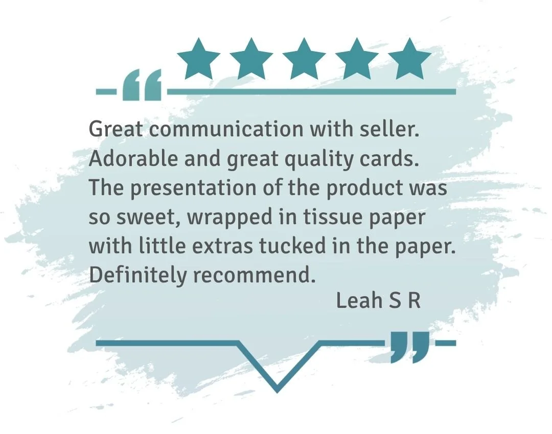 Five-star review praising adorable high-quality cards, sweet tissue-wrapped packaging, and thoughtful extras included in a WhimZadoodles order