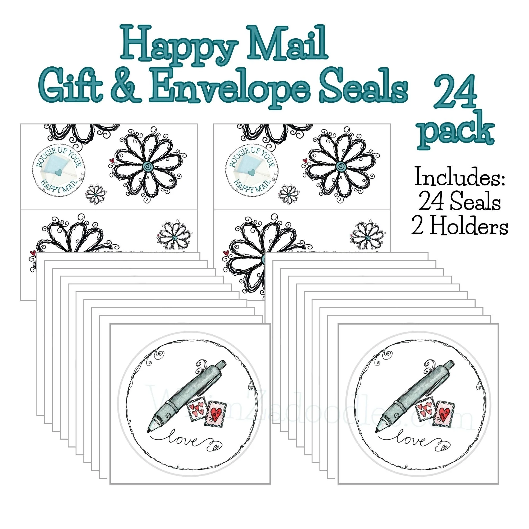 Bundle set of twenty-four envelope seal sticker featuring small Happy Mail illustration with playful linework and soft color palette