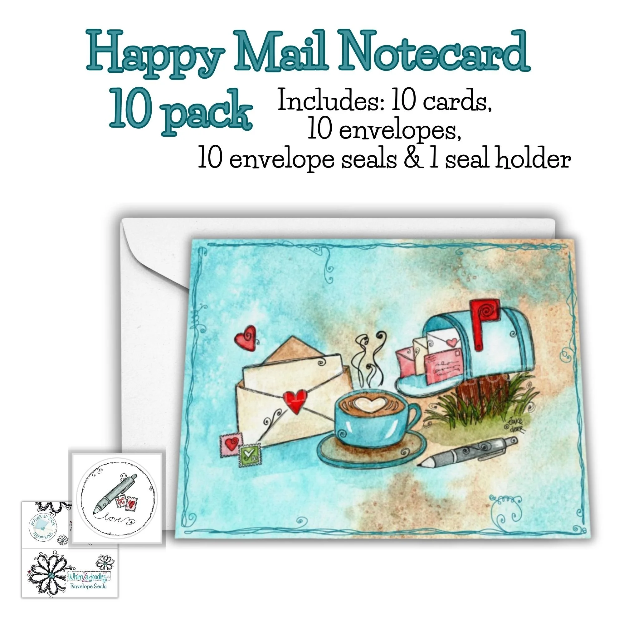 Ten notecards with matching envelopes and seals arranged in a fan, all featuring bright Happy Mail illustrations
