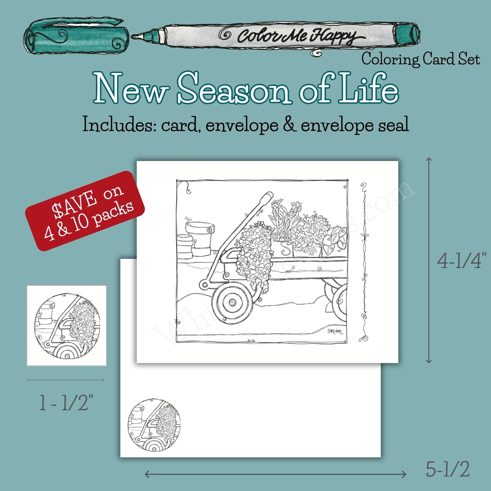Color Me Happy coloring card set featuring a whimsical wagon filled with flowers and plants, ready to personalize with your own colors and message.