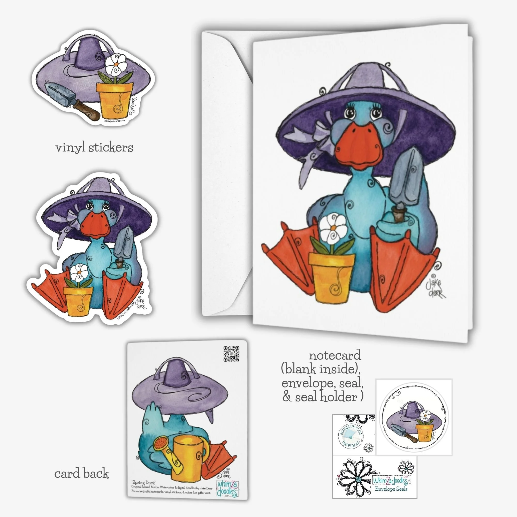 Spring Duck watercolor collection with teal duck, garden tools, and coordinating hat, trowel, and daisy stickers and seals