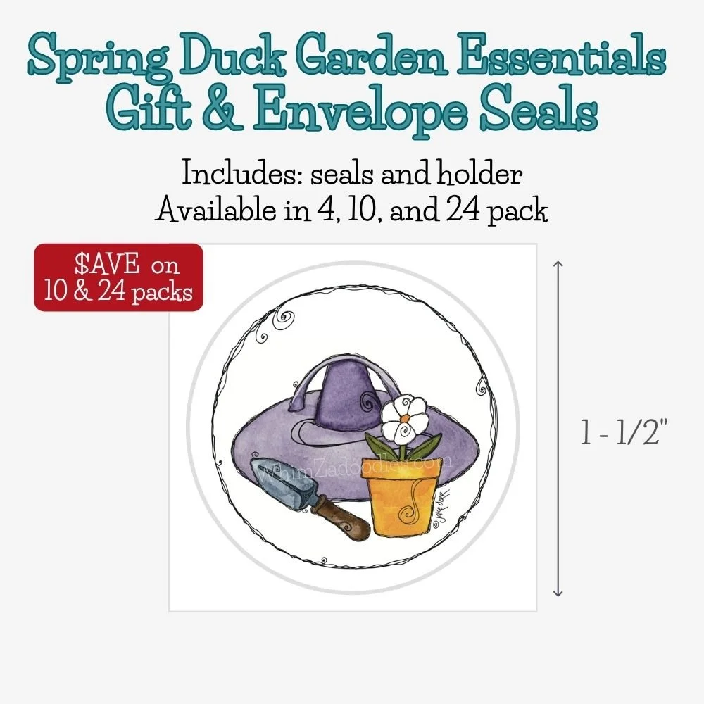 Round gift and envelope seals featuring Spring Duck's whimsical gardening essentials including flower hat, hand trowel, and potted flower for decorating spring mail and thoughtful gifts.